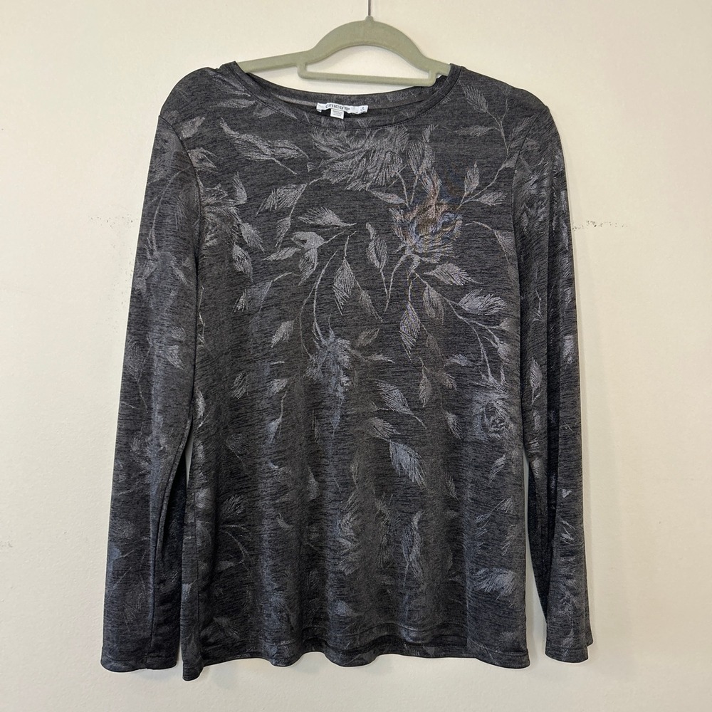 Chicos Long Sleeve Top Women L Dark Gray Metallic Floral Print‎ Crew Neck